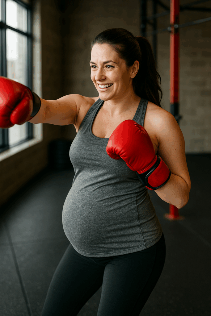 Stephanie Stumph trainiert schwanger im Fitnessstudio mit Boxhandschuhen