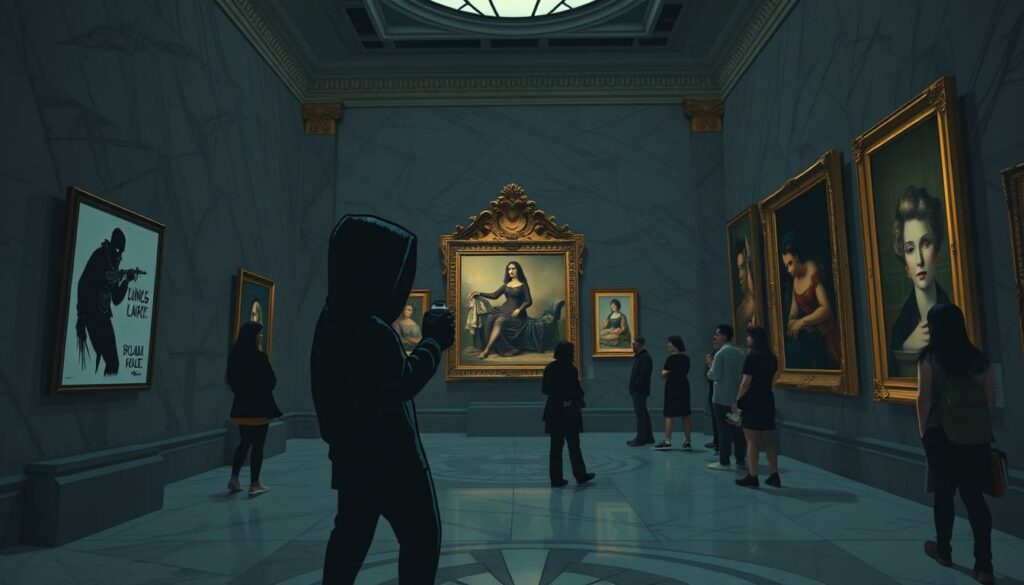 A Banksy-esque street artist sneaks into a prestigious art museum, their stencils and spray cans in hand. The museum's grandiose marble halls and gilded frames serve as the backdrop, a contrast to the subversive act unfolding. Dim lighting casts dramatic shadows, heightening the sense of stealth and mischief. The artist, their face obscured, meticulously applies their iconic imagery to the museum's walls, a defiant challenge to the establishment. Visitors are unaware, lost in contemplation of the sanctioned works, oblivious to the unsanctioned intervention happening mere feet away. An atmospheric, cinematic scene capturing Banksy's infamous "Museum Invasions."