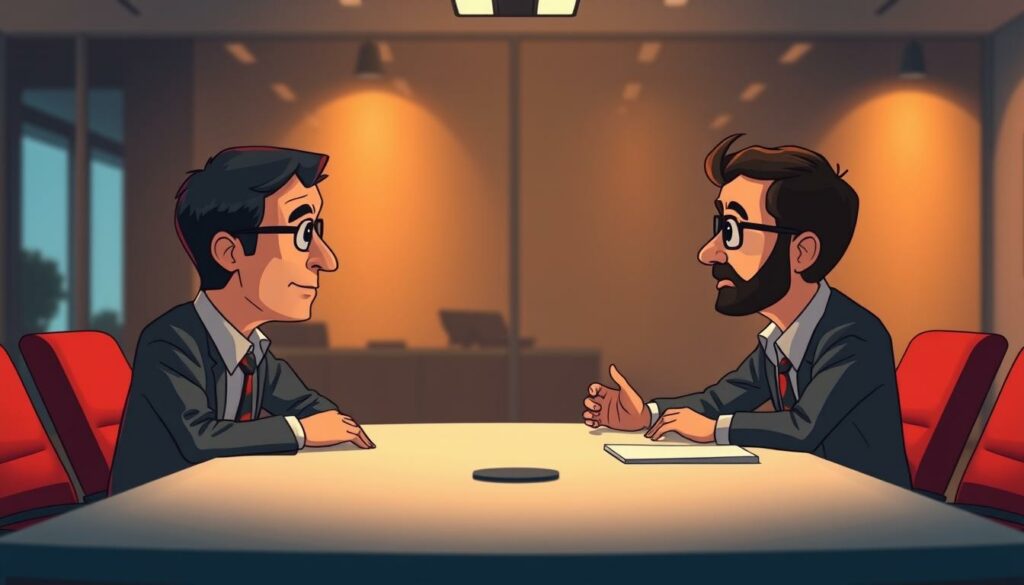 A boardroom scene with Larry Page and Sergey Brin, co-founders of Google, engaged in a deep discussion on the company's leadership style and philosophy. Captured in a cinematic, medium-shot composition, the pair sit across a sleek, modern conference table, their faces illuminated by warm, directional lighting that casts subtle shadows, conveying a sense of thoughtful contemplation. The background is blurred, emphasizing the focus on the two men and their exchange. Their body language and expressions suggest a collaborative, innovative dynamic, reflecting the creative and entrepreneurial spirit that has defined Google's approach to business.