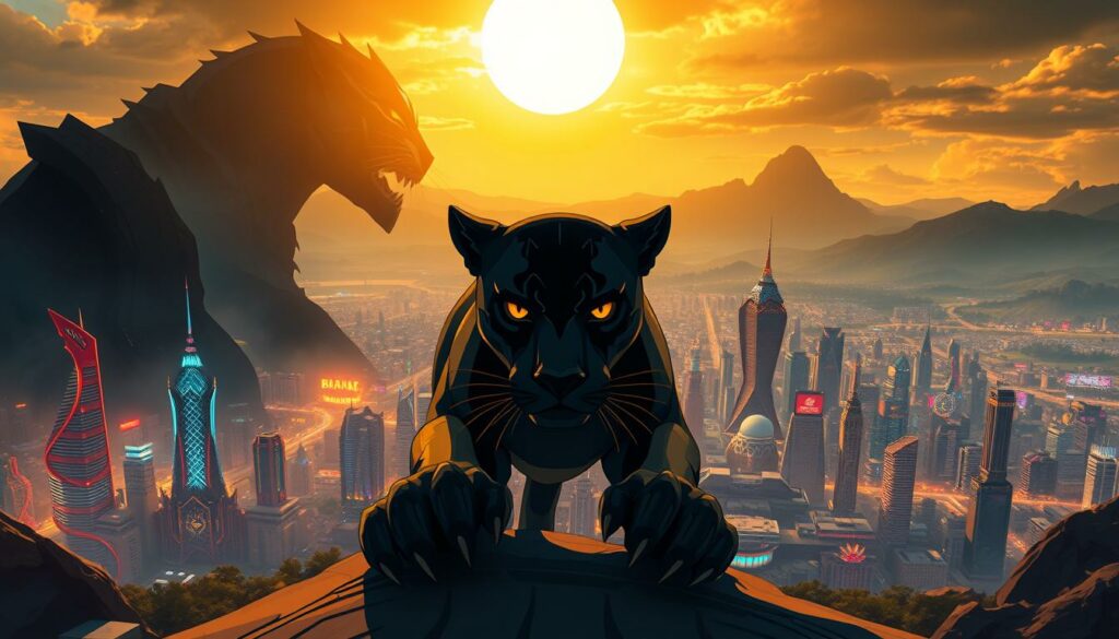A breathtaking cinematic landscape, showcasing the captivating narrative of "Black Panther." In the foreground, a majestic panther, its powerful paws and piercing gaze commanding the center stage. Surrounding it, the vibrant, futuristic cityscape of Wakanda, its towering skyscrapers and advanced technology hinting at the technological prowess of this hidden kingdom. In the background, a dramatic, shadowy landscape, hinting at the political intrigue and unfolding events that shape the film's plot. The lighting is dramatic, with a warm, golden hue casting a sense of regal authority, while the camera angle is slightly elevated, giving the viewer a sense of awe and wonder. The overall mood is one of grandeur, mystery, and the unfolding of a epic tale.