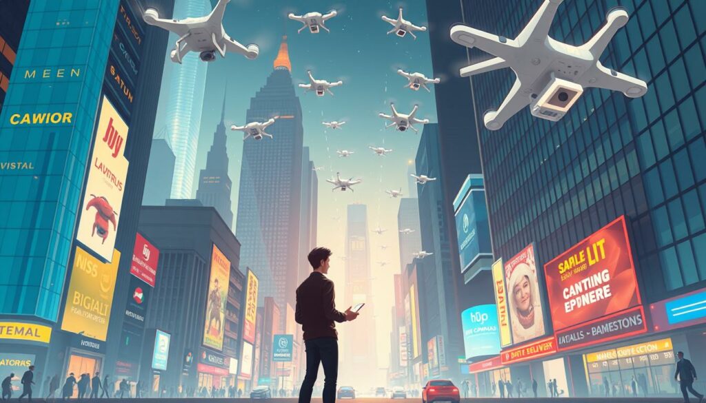 A bustling cityscape with towering skyscrapers, neon-lit storefronts, and a vast network of delivery drones crisscrossing the sky. In the foreground, a lone figure stands amidst the chaos, gazing intently at a handheld device, representing the transformative power of e-commerce. The scene is bathed in a warm, futuristic glow, conveying the sense of a technological revolution sweeping across the urban landscape. Dramatic camera angles and a cinematic lighting setup lend a sense of grandeur and scale to the image, capturing the magnitude of the e-commerce revolution.