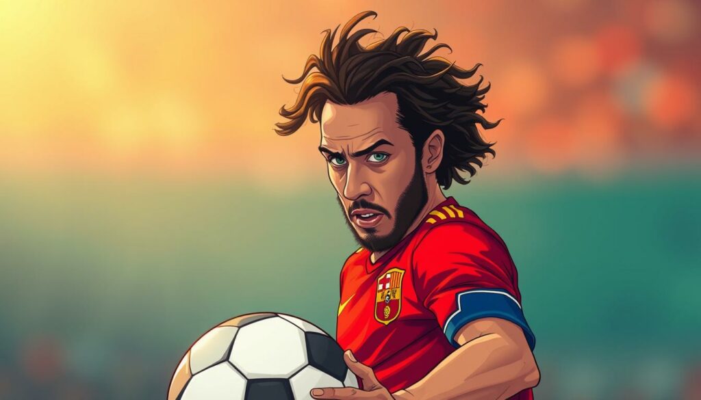 A captivating portrait of Xavi Simons, the legendary Spanish midfielder, captured mid-play with his signature passing technique. Centered in the frame, Xavi's intense gaze and calculated body language exude his innate understanding of the game. The foreground highlights his precise ball control and vision, while the middle ground showcases his fluid, graceful movements. The blurred background suggests the speed and dynamism of his playstyle, as he effortlessly navigates the pitch. Soft, warm lighting casts a natural, almost ethereal glow, emphasizing Xavi's mastery of the game and his status as a true "Pass-Gott" - a god of passing.