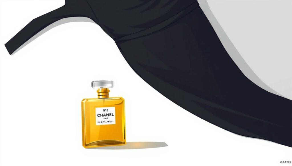 A chic, elegant still life featuring a classic little black dress and a bottle of Chanel No. 5 perfume. The dress is draped artfully on a minimalist white or light gray background, its simple lines and sleek design exuding timeless sophistication. The iconic Chanel No. 5 bottle, with its distinctive shape and elegant gold cap, is positioned prominently in the foreground, casting a soft, warm glow under subtly dramatic lighting. The composition is balanced and visually striking, capturing the essence of Coco Chanel's enduring style and influence. The overall mood is one of refined luxury, effortless glamour, and quintessential French elegance.