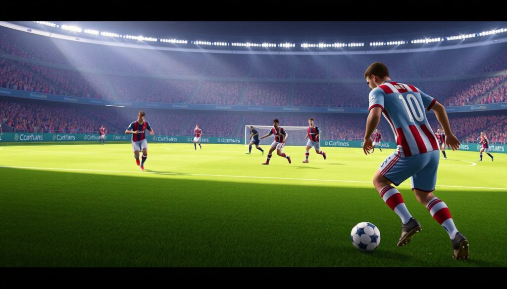 A cinematic, highly detailed rendering of "EA Sports FC 25 Gameplay-Features" showcasing the game's revolutionary new mechanics and enhanced visuals. In the foreground, a skilled player navigates the pitch, their movements fluid and responsive, as they dribble the ball past defenders with lifelike precision. In the middle ground, players engage in dynamic, physics-driven battles for possession, their expressions and body language conveying the intensity of the match. The background depicts a meticulously crafted stadium environment, with realistic lighting, crowds, and atmospheric details that immerse the viewer in the heart of the action. The overall atmosphere is one of excitement, innovation, and a deep sense of authenticity, capturing the essence of the "FIFA 25: Revolutionäres Gameplay und neue Features" experience.