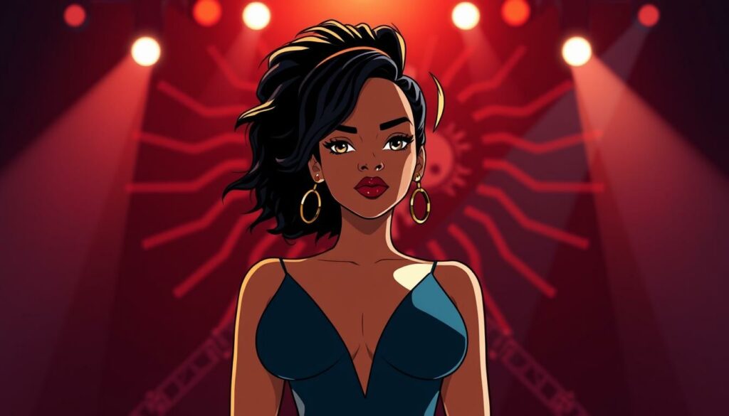A cinematic portrait of Rihanna, the musical icon, standing center-stage amidst a dynamic performance backdrop. Soft, dramatic lighting illuminates her confident gaze and captivating presence, while the stage is adorned with a striking visual motif that captures her enduring legacy and influence on the music industry. The composition emphasizes her powerful silhouette, drawing the viewer's attention to her commanding stage presence and the lasting impact of her artistic contributions. The overall mood is one of reverence and celebration, honoring Rihanna's transformative role in shaping the landscape of contemporary music.
