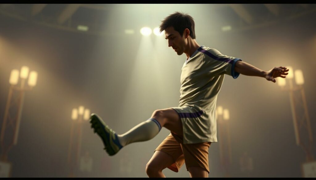 A cinematic portrait of the legendary Johan Cruyff, capturing the graceful evolutions of his iconic playstyle in FIFA 25. Set against a softly lit, artfully blurred background, the focal point is a dynamic, photorealistic rendering of Cruyff in motion, his famous "Cruyff turn" executed with balletic precision. Detailed textures and lighting imbue the scene with a sense of tangibility, while subtle camera angles and depth of field create an immersive, almost filmic quality. The overall mood is one of reverence and admiration, honoring the maestro's unparalleled skill and influence on the beautiful game.