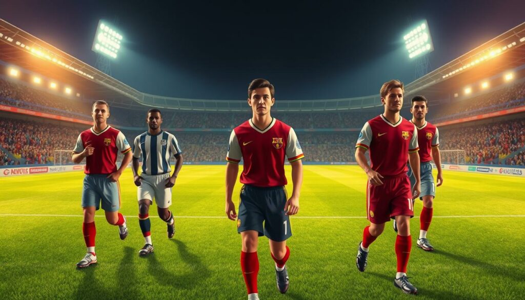 A classic football match scene, showcasing the "Classic XI Legenden FUT 25" collection. In the foreground, a group of legendary players stride confidently onto a lush, well-lit football pitch, adorned in their iconic jerseys. The middle ground features detailed player models, each one a legendary icon of the sport, captured in dynamic poses that exude skill and power. In the background, a stadium backdrop sets the stage, with the crowd's cheers and the floodlights creating an electrifying atmosphere. The lighting is warm and cinematic, accentuating the players' features and the vibrancy of the jerseys. The camera angle is slightly elevated, providing a sweeping view of the action, conveying the grandeur and prestige of this exclusive FUT collection.