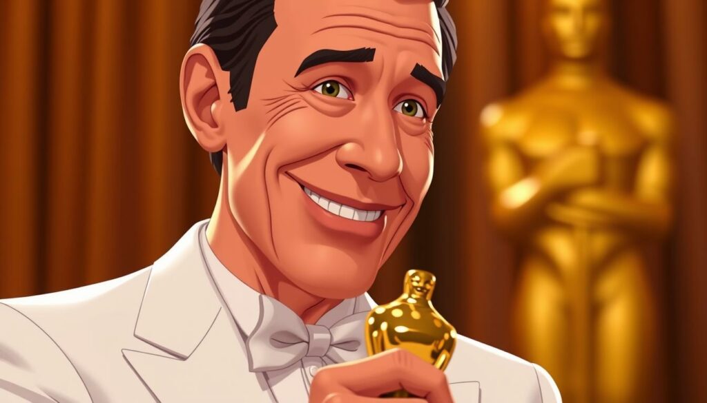 A close-up portrait of Forrest Gump, adorned in his iconic white tuxedo, beaming with pride as he holds his Academy Award for Best Actor. The lighting is warm and inviting, casting a soft glow on his gentle features. The background is slightly blurred, drawing the viewer's attention to the triumphant moment captured in time. Forrest's expression conveys a sense of awe and disbelief, as if he can't quite believe he has accomplished this remarkable feat. The attention to detail and the cinematic quality of the image transport the viewer to the heart of the Oscars ceremony, where Forrest Gump's inspiring journey has culminated in this well-deserved accolade.
