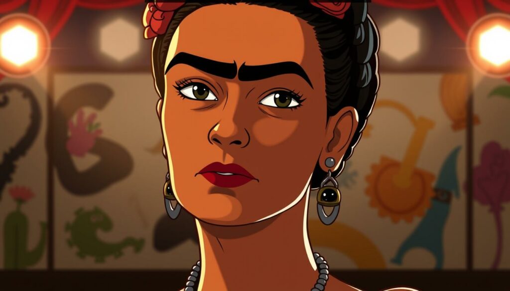 A close-up portrait of Frida Kahlo on a theatrical stage, illuminated by dramatic lighting from the side. Her iconic thick eyebrows are prominent, and her piercing gaze commands attention. In the background, abstract shapes and colors suggest a stage set or painted backdrop, adding a sense of drama and artistic expression. The image has a moody, cinematic quality, reflecting Frida's powerful presence and her enduring influence in the realms of film and theater.