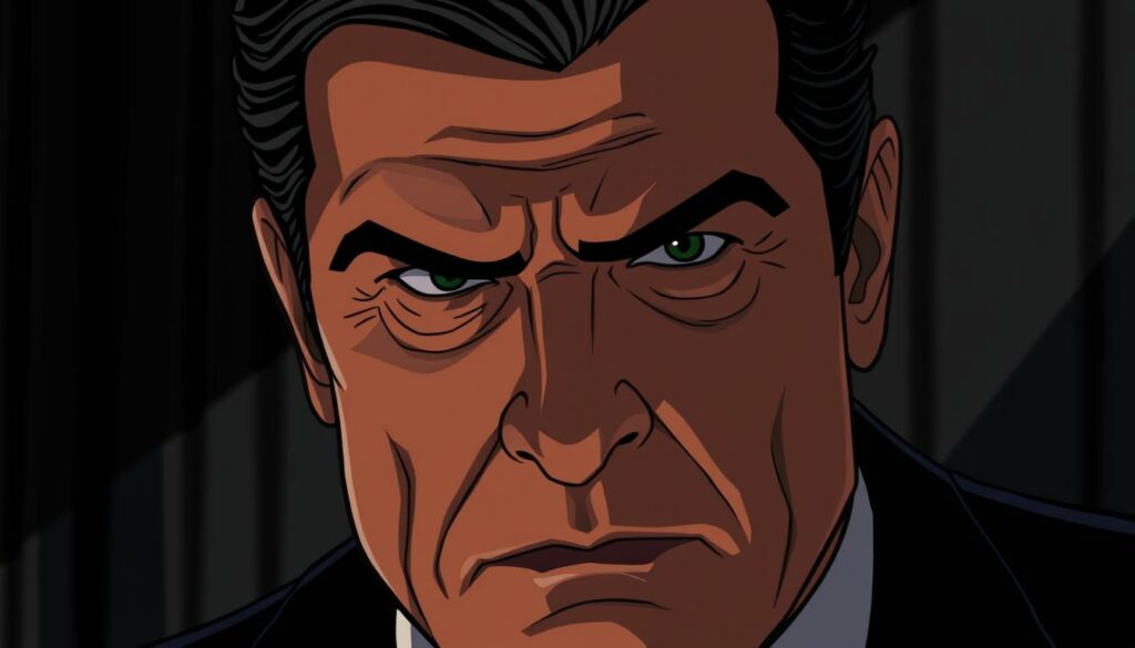 A close-up portrait of a middle-aged man with a stoic expression and piercing gaze, his face partially obscured by shadows. He has a prominent nose, strong jawline, and slicked-back dark hair, conveying a sense of power and authority. The lighting is dramatic, creating dramatic chiaroscuro effects that accentuate the subject's rugged features. The background is intentionally blurred, keeping the focus on the subject's intense and captivating presence. The overall mood is somber and contemplative, capturing the complexities and inner turmoil of the iconic character, Tony Soprano.