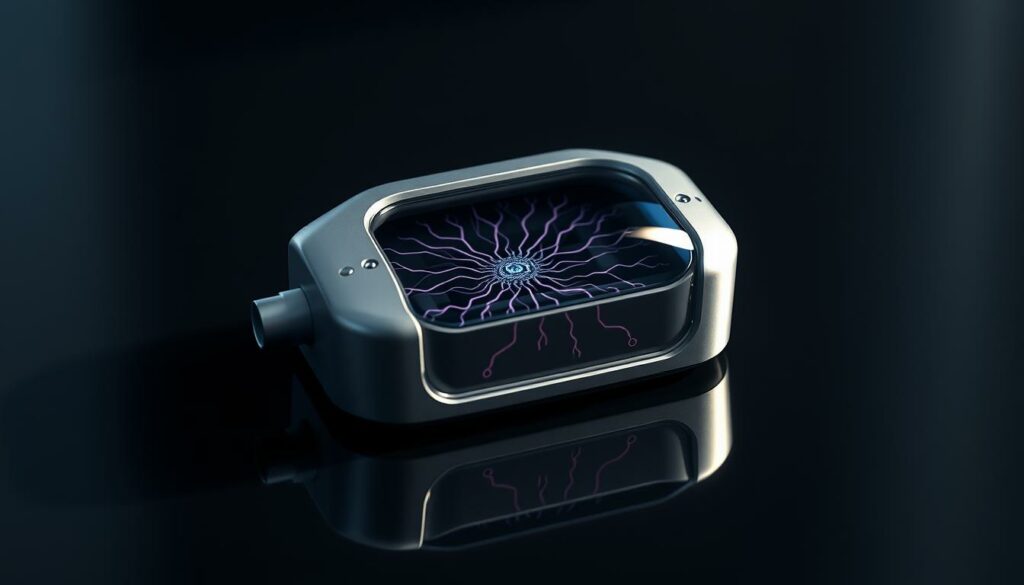 A close-up view of a futuristic brain-computer interface device, the Neuralink Schnittstelle, featuring a sleek, minimalist design with a smooth titanium casing and intricate neural circuitry visible through a transparent window. The device is resting on a dark, reflective surface, casting a subtle shadow that adds depth and dimension to the composition. The lighting is soft and diffused, creating a sense of mystery and technological elegance. The overall mood is one of innovation, precision, and the seamless integration of the human mind with advanced machinery, capturing the essence of Elon Musk's vision for this groundbreaking technology.