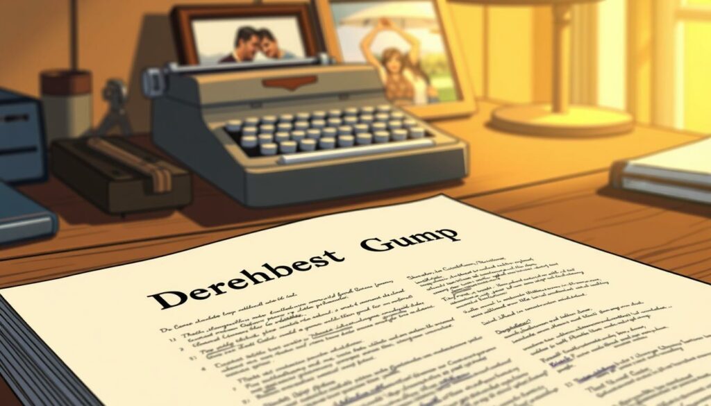 A close-up view of an open script labeled "Drehbuch Forrest Gump" lying on a wooden desk. The pages are slightly worn, with faint handwritten notes and scribbles in the margins, hinting at the creative process behind the iconic film. The desk is illuminated by a warm, focused light, casting soft shadows and creating a contemplative atmosphere. In the background, a vintage typewriter and a framed photograph of the cast add subtle details that evoke the era and the behind-the-scenes of the film's production. The overall composition suggests the meticulous care and attention to detail that went into crafting the beloved story of Forrest Gump.