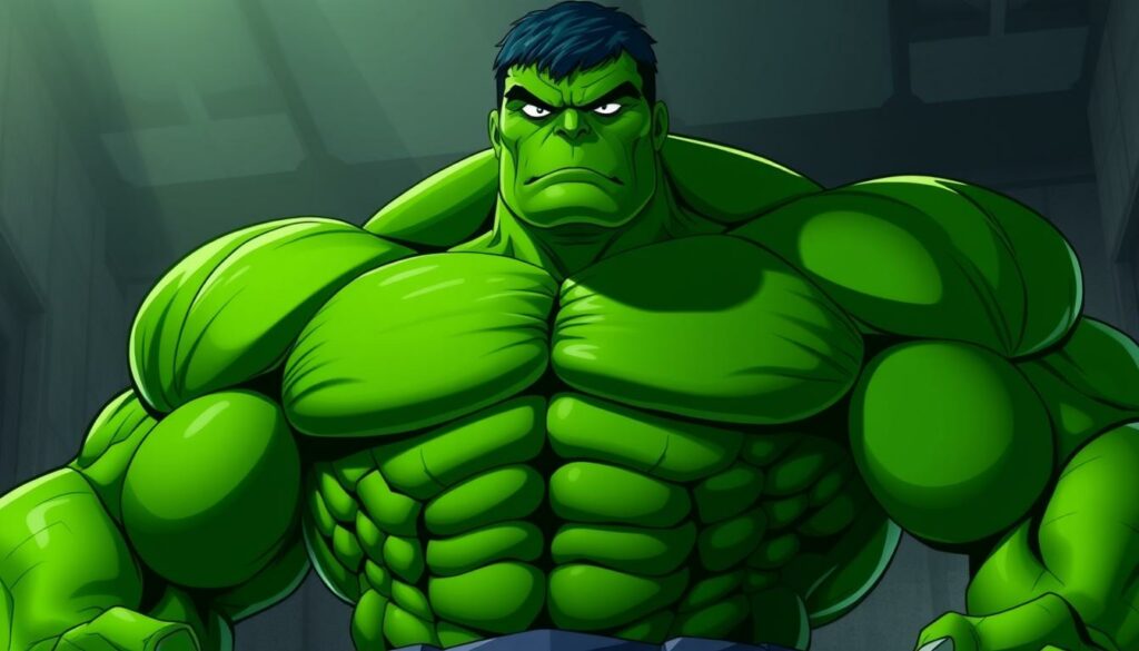 A colossal green figure, the Hulk, stands tall and powerful, radiating an aura of raw strength and unbridled rage. Rippling muscles bulge beneath emerald skin, hinting at the immense physical prowess this transformed scientist possesses. Veins throb with primal energy, as if the very earth trembles at his presence. Piercing eyes blaze with an intense, primal fury, challenging any who dare to cross his path. Towering over the scene, the Hulk exudes an overwhelming sense of dominance, his sheer size and might commanding attention. Dramatic lighting casts dramatic shadows, emphasizing the Hulk's imposing silhouette and the weight of his every movement. This is a being of pure, unadulterated power, a living embodiment of the strength that lies within the depths of the human psyche.