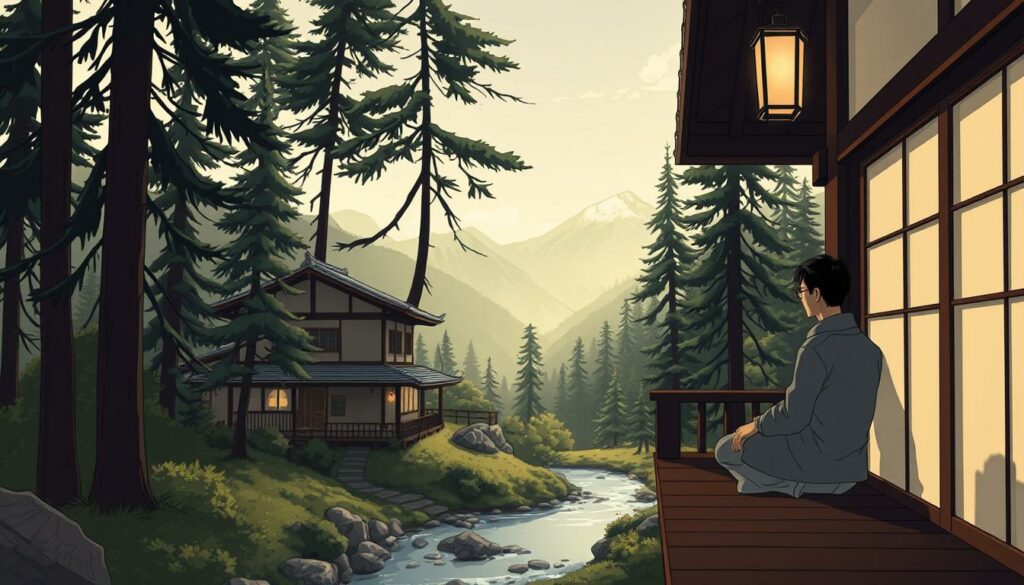 A cozy Japanese-style inn nestled in a lush, mountainous landscape, with a small stream or pond in the foreground. Tall pine trees and traditional architecture create a serene, contemplative atmosphere. Soft, warm lighting filters through paper screens, casting muted shadows. A lone traveler, dressed in casual yet elegant attire, sits on a wooden veranda, gazing out at the peaceful scenery, lost in thought. The scene evokes a sense of tranquility and introspection, capturing the essence of Haruki Murakami's literary worlds.