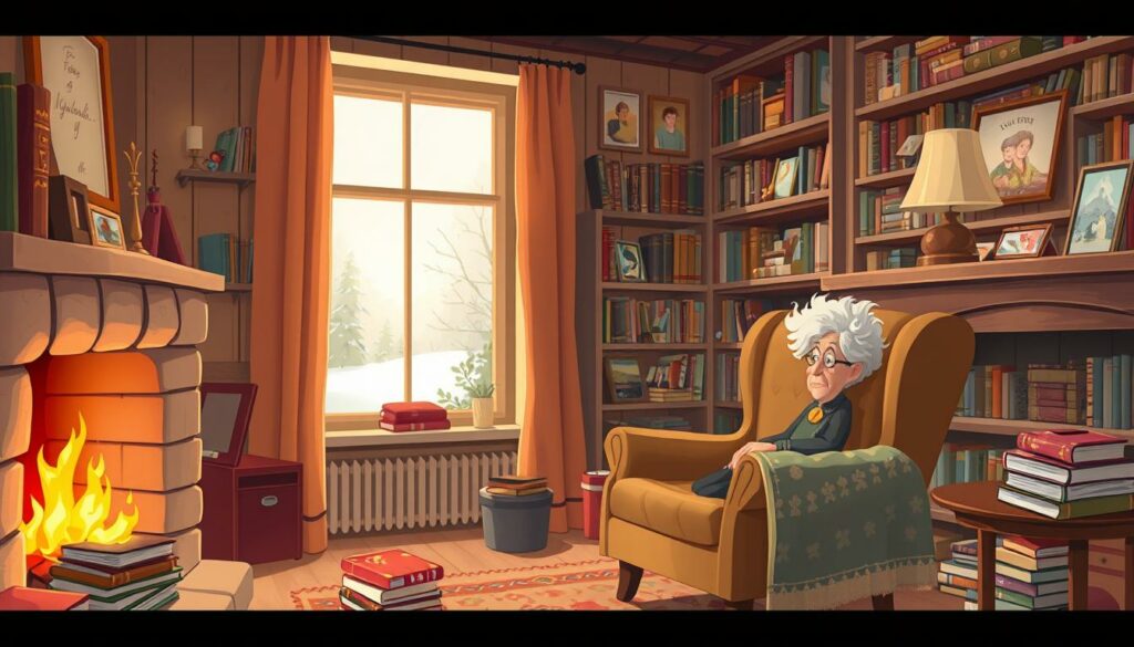 A cozy interior scene of Astrid Lindgren's home in the last years of her life. The foreground features a comfortable armchair by a crackling fireplace, with a stack of books and a warm blanket nearby, suggesting a peaceful, contemplative atmosphere. In the middle ground, a large window overlooks a snowy landscape outside, casting a soft, diffused light into the room. The background contains bookshelves, family photographs, and other personal mementos that capture the essence of Lindgren's vibrant literary legacy and her cherished private life. The scene conveys a sense of quiet reflection and the warmth of a lifetime of storytelling.