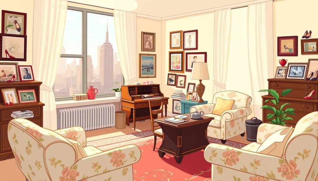 A cozy, sun-drenched interior of the iconic Carrie Bradshaw apartment at 245 E. 73rd Street in Manhattan. The spacious living room features a large window with a stunning city skyline view, plush floral-patterned armchairs, and a classic wooden writing desk. Soft, natural lighting filters through sheer curtains, casting a warm, inviting glow. Displayed on the walls are an eclectic array of framed artwork, photographs, and Carrie's beloved Manolo Blahnik shoes. The overall atmosphere exudes Carrie's distinct feminine, whimsical style and joie de vivre, capturing the essence of her legendary, high-heeled life in the vibrant heart of New York City.