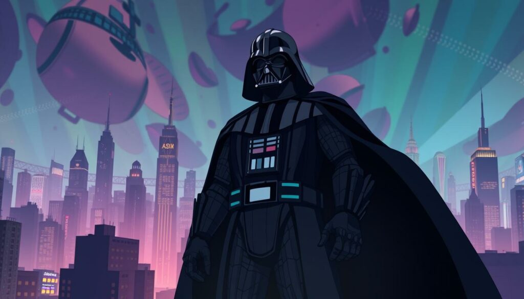 A dark and imposing figure stands at the center, clad in the iconic black armor and mask of Darth Vader. Looming above a cityscape of towering skyscrapers and neon-lit streets, he embodies the weight of his cultural significance. Dramatic lighting casts deep shadows, imbuing the scene with a sense of mystery and power. The background is a kaleidoscope of vibrant hues, reflecting the multifaceted impact of this legendary character on popular culture. Darth Vader's presence dominates the frame, his commanding stance and imposing silhouette conveying the profound cultural resonance he has achieved.
