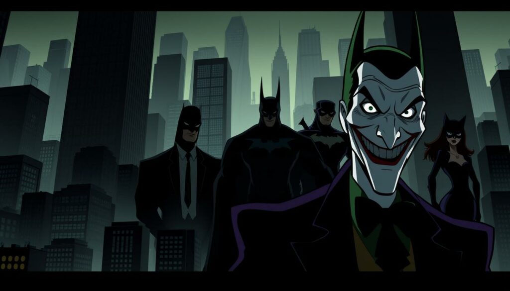 A dark, brooding cityscape where the iconic silhouettes of Batman's most infamous adversaries loom large. In the foreground, the Joker's sinister grin and piercing eyes emerge from the shadows, his pale face accentuated by dramatic lighting. Behind him, the hulking forms of Penguin, Riddler, and Catwoman take shape, each with their distinctive costumes and menacing poses. The background is a maze of towering skyscrapers, their sharp lines and angular architecture creating a sense of tension and foreboding. The overall atmosphere is one of unease and danger, perfectly capturing the essence of Batman's greatest foes and their eternal battle against the Dark Knight.