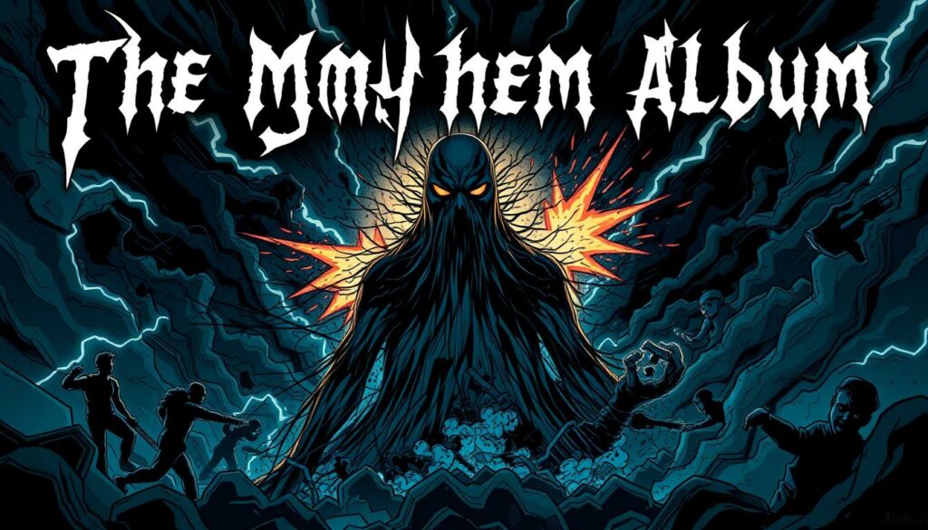 A dark, chaotic album cover for "The Mayhem Album", showcasing a swirling maelstrom of distorted guitar riffs, thunderous drums, and dissonant vocals. In the foreground, a towering figure emerges from the sonic chaos, its face obscured by a shroud of static and jagged lines. Ominous shadows and bursts of electric energy fill the background, creating a sense of impending doom. The lighting is dramatic, with harsh contrasts and a cool, metallic color palette, evoking the intensity and raw emotion of heavy metal music. The overall composition is dynamic, with a sense of movement and turbulence, reflecting the album's theme of musical mayhem.