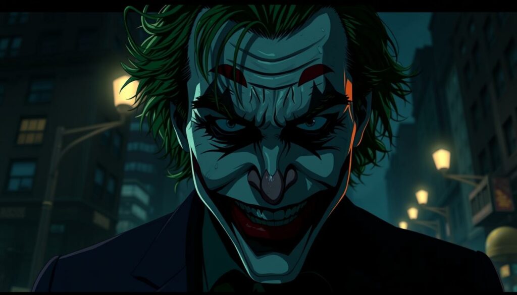 A dark, moody close-up of Joaquin Phoenix's Joker, his face painted in twisted anguish, the iconic green hair disheveled, eyes filled with manic intensity. In the background, the gritty Gotham cityscape dimly lit by streetlights, hinting at the character's troubled, urban environment. The image is bathed in shadows and contrasting highlights, conveying the psychological depth and cinematic brilliance of the 2019 film. The camera angle is slightly low, emphasizing the Joker's sinister presence and imposing stature. The overall atmosphere is one of unease, a chilling portrait of a complex, tortured soul on the brink of madness.