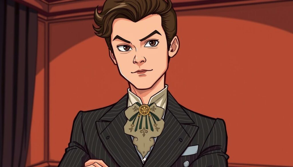 A dashing, modern-day Harry Styles poses confidently, his mop of curly hair framing his chiseled features. He wears a bespoke, double-breasted pinstriped suit with a high-collared shirt and an ornate, silk cravat, exuding an air of sophisticated elegance. Soft, directional lighting accentuates the sharp lines of his tailored ensemble, while a hint of velvet in the background suggests an opulent, gentlemen's club setting. Harry's gaze is direct, his expression both alluring and enigmatic, capturing the essence of the contemporary dandy - a stylish revolutionary who seamlessly blends classic menswear with a bold, individualistic flair.