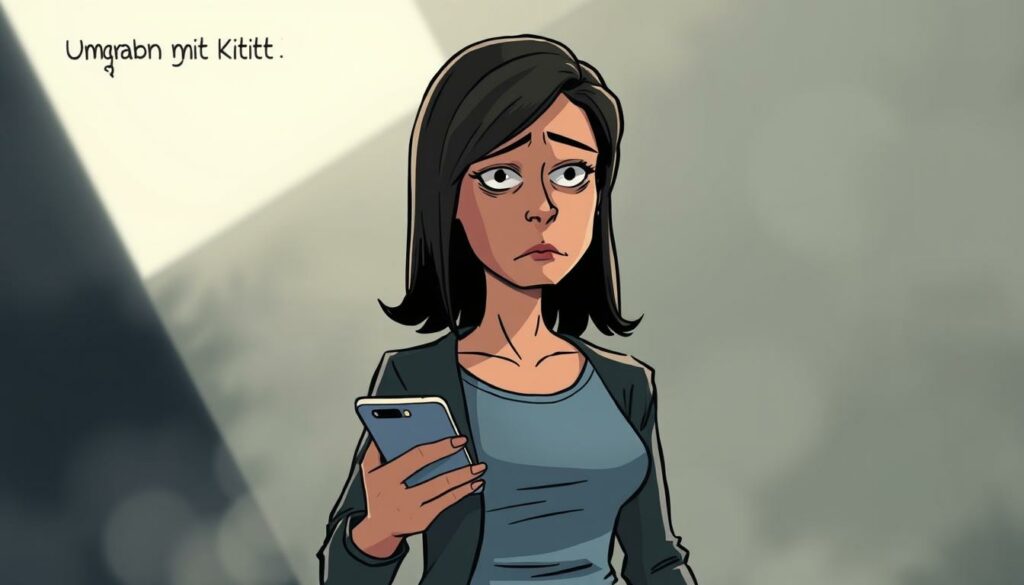A defiant yet pensive woman standing in a dimly lit room, her face half-obscured by shadows. She holds a smartphone in one hand, her expression conveying a mix of determination and vulnerability as she navigates the weight of public scrutiny. The background is hazy, emphasizing the internal conflict she faces, while a harsh, directional light casts dramatic shadows, accentuating the tension and complexity of "Umgang mit Kritik" – the delicate balance of addressing and deflecting criticism in the public eye.