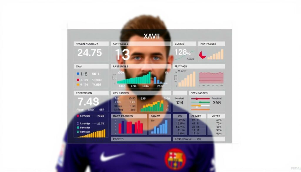 A detailed data visualization panel displaying comprehensive player statistics and key performance indicators for FIFA 25's Xavi. The panel is presented against a clean, minimalist backdrop, with a sleek, high-tech aesthetic. The foreground features a striking portrait of Xavi set against a blurred, out-of-focus background. The middle ground showcases a series of infographic-style charts, graphs, and tables highlighting Xavi's passing accuracy, key passes, possession statistics, and other vital metrics. The background is subtly textured, with a subtle gradient that draws the eye towards the central data visualization. The overall mood is one of precision, professionalism, and a deep dive into the tactical aspects of Xavi's game.
