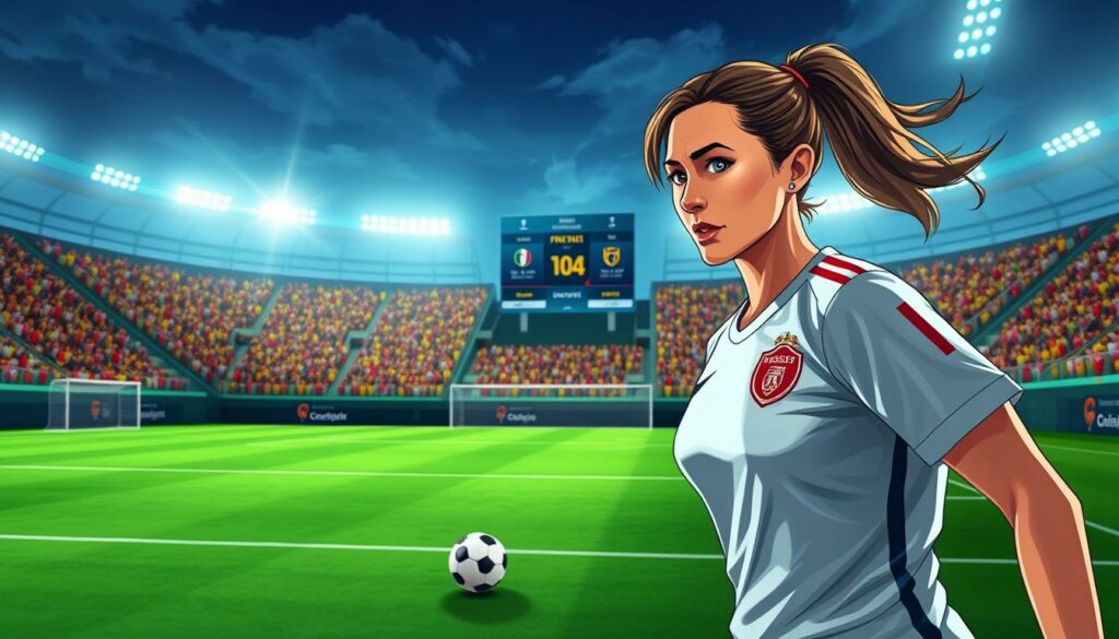 A detailed, dynamic sports scene showcasing a women's soccer career mode. In the foreground, a female soccer player in full kit, mid-stride, exuding determination. Behind her, a lush, vibrant stadium with fans cheering in the stands, captured in a cinematic wide-angle lens. Floodlights illuminate the pitch, casting dramatic shadows and highlighting the player's athletic form. In the middle ground, a digital scoreboard displays the match details, seamlessly blending the real and virtual worlds. The background features a sleek, modern user interface, hinting at the depth and customization options of the career mode. The overall atmosphere conveys the high-stakes, professional nature of women's soccer, with a sense of ambition, skill, and the pursuit of excellence.