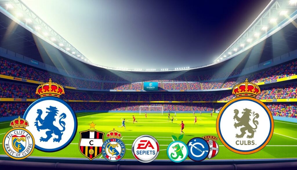 A detailed illustration of the "EA Sports FC Lizenzvereine" concept, showcasing a vibrant and dynamic soccer stadium environment. In the foreground, prominent team crests and logos are prominently displayed, representing the various licensed clubs. The middle ground features a lush, green soccer pitch with players in action, capturing the essence of the sport. The background depicts a grand, modern stadium architecture, complete with towering stands and a sense of scale and grandeur. The lighting is natural and warm, creating a sense of energy and excitement. The overall atmosphere evokes the passion and excitement of professional soccer, complementing the subject matter of the "Lizenzen und fehlende Vereine in FIFA 25" section.