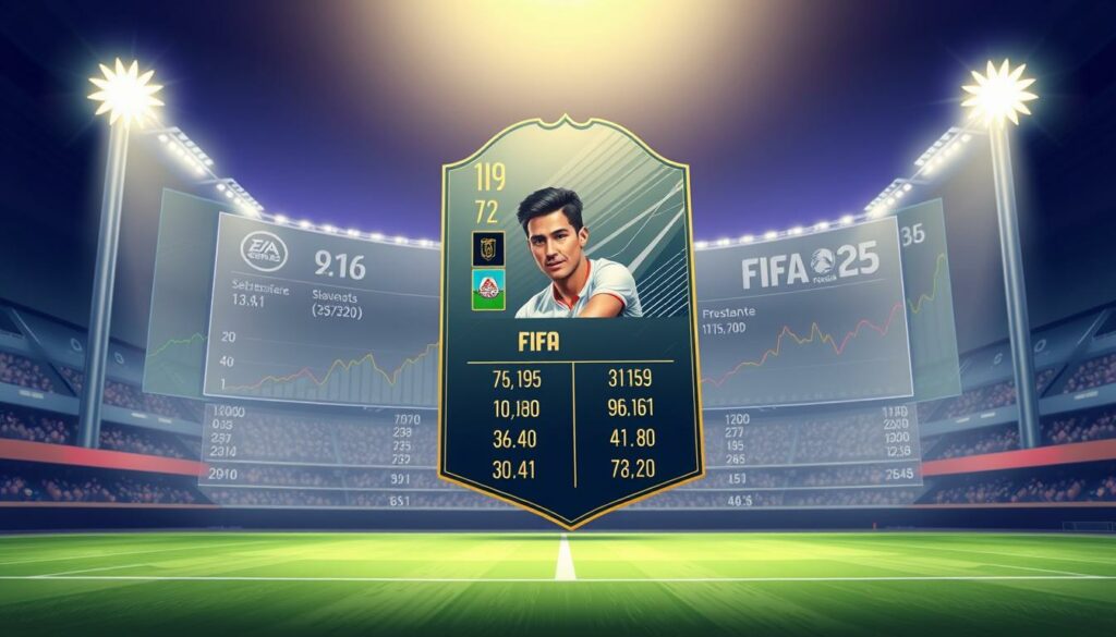A detailed market analysis illustration of FIFA 25 icon player cards, showcasing their financial value and investment potential. In the foreground, a player's icon card is prominently displayed, highlighting its sleek design and premium aesthetic. The middle ground features a comprehensive data visualization, including graphs, charts, and numerical values, providing a deep analysis of the card's current and projected market trends. The background blends a subtle stadium environment with a refined color palette, creating a professional and authoritative atmosphere. Soft lighting emphasizes the three-dimensional nature of the icon card, while a cinematic camera angle conveys a sense of importance and significance. The overall composition strikes a balance between informative clarity and visually striking aesthetics, perfectly suited to illustrate the "Marktwert und Preisanalyse: Lohnt sich die Investition?" section of the article.