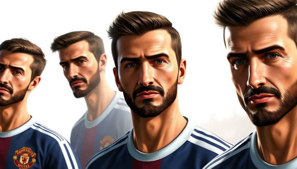 A detailed, photorealistic rendering of David Beckham's evolution through the FIFA video game franchise, showcasing his distinct visual styles and statistical improvements over the years. The focal point is Beckham's face, rendered with intricate facial features and expressions, set against a clean, minimalist background with subtle lighting to emphasize the subject. The middle ground features Beckham's torso and uniform designs, each iteration subtly different to capture the progression of his virtual representation. The background blends a sense of motion and dynamism, hinting at the gameplay and context of the FIFA series.