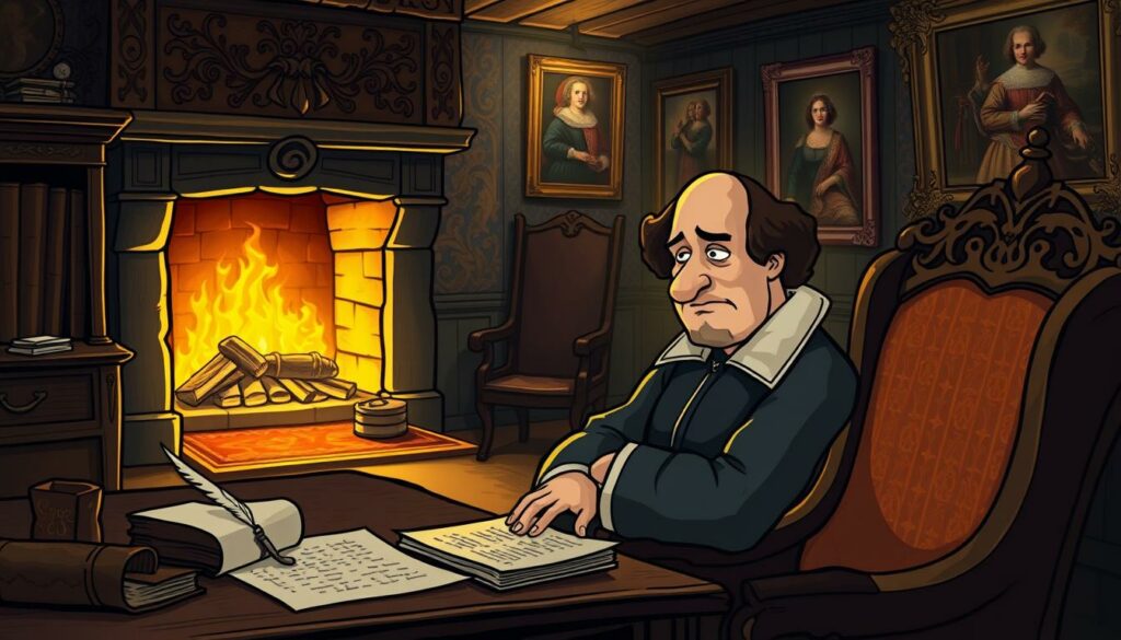 A dimly lit, 16th-century study with a quill pen, parchment, and leather-bound books scattered across an ornate oak desk. In the corner, a roaring fireplace casts a warm glow, illuminating a stately armchair where a pensive William Shakespeare sits, his brow furrowed as he contemplates the complexities of his personal life. The walls are adorned with tapestries and oil paintings, hinting at the playwright's refined tastes and creative mind. The scene conveys a sense of introspection and the private moments that shaped the life of this iconic literary figure.