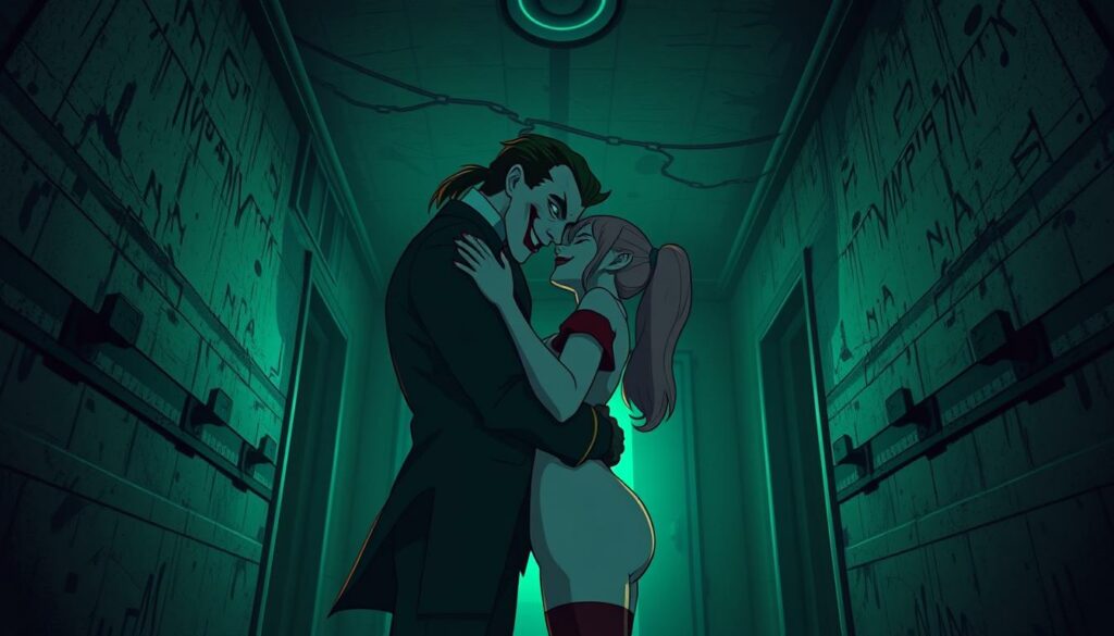 A dimly lit asylum, the walls closing in, a haunting atmosphere of madness and despair. In the center, two figures locked in a twisted embrace, their faces obscured by shadows, yet their connection palpable. The Joker and Harley Quinn, their minds intertwined in a Folie à Deux, a shared psychosis that blurs the line between love and madness. The scene is bathed in an eerie, sickly green glow, casting an unsettling, ominous tone. The camera angle is low, amplifying the sense of unease and claustrophobia. Intricate details, from the weathered asylum walls to the tattered straitjackets, add depth and realism to this chilling tableau.