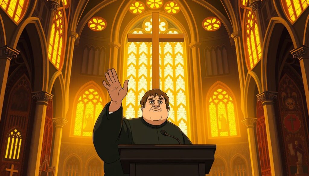 A dimly lit cathedral interior, with ornate Gothic arches and stained glass windows casting warm, golden light. In the foreground, a stern-faced Martin Luther stands at a pulpit, his hand raised in emphasis as he delivers a passionate sermon. Behind him, a towering cross stands as a symbol of his new theological understanding. The walls are adorned with intricate tapestries, representing the rich theological concepts that Luther sought to reform. The overall mood is one of reverence and intellectual intensity, capturing the essence of Luther's groundbreaking "Theologie und Kirchenverständnis".