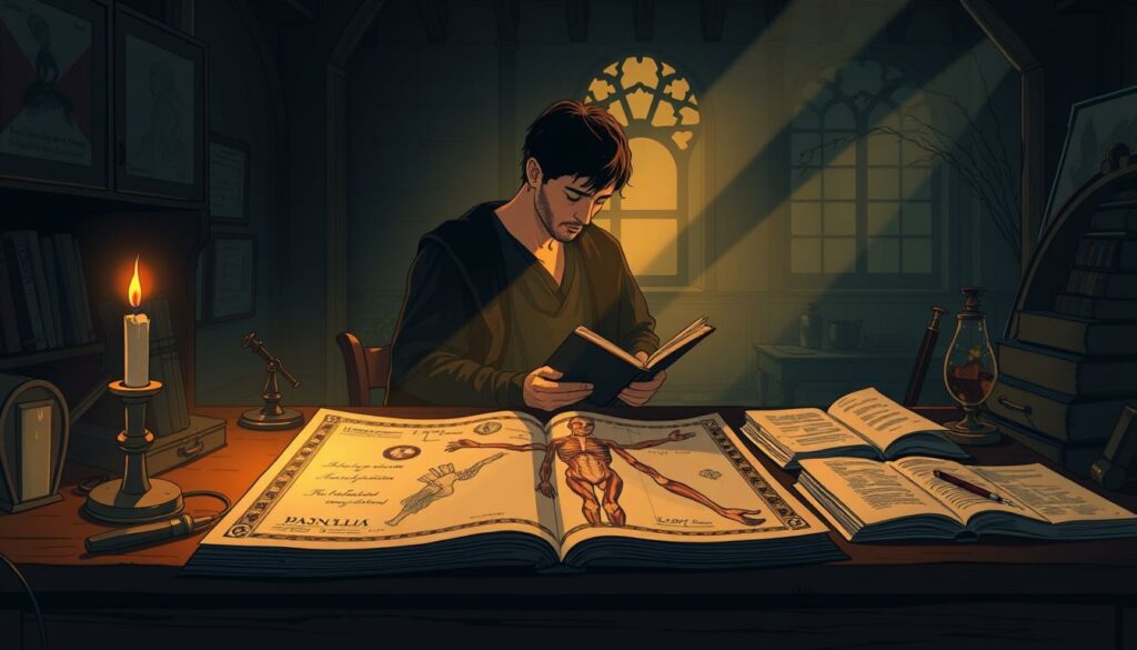 A dimly lit, contemplative study chamber in a Renaissance-era setting. In the foreground, an ornate anatomical diagram of the human body lies open on a wooden desk, illuminated by a single candle. Muted rays of golden light filter in through a large window, casting a warm glow over a collection of scientific instruments, open books, and sketches strewn about. In the middle ground, a pensive figure, likely Leonardo da Vinci, pores over the diagram, lost in deep study and contemplation. The background is shrouded in a moody, atmospheric haze, hinting at the breadth and depth of his scientific investigations. Subtle, cinematic lighting and a sense of timeless scholarly inquiry permeate the scene.
