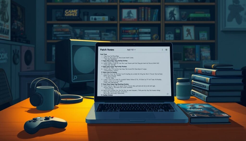 A dimly lit gaming setup with a desktop computer, gamepad, and various game-related items like headphones, a mug, and game cases spread out on a wooden table. In the foreground, a laptop screen displays a detailed patch note list, the edges slightly blurred to draw the eye inward. Soft, warm lighting casts a cozy glow, creating a sense of anticipation and focus. The background features shelves filled with gaming memorabilia, creating a lived-in, passionate atmosphere. The overall scene conveys the excitement and dedication of a gamer eagerly exploring the latest updates and patch notes.
