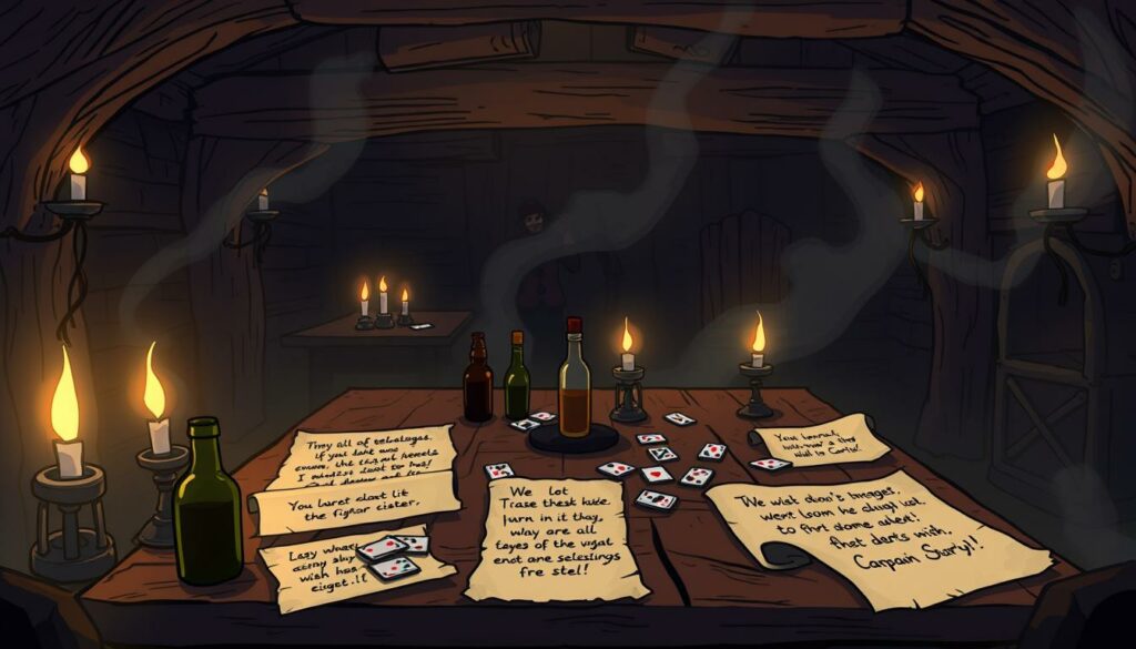 A dimly lit pirate's tavern, with rough wooden beams, flickering candles, and a hazy, smoke-filled atmosphere. In the center, a weathered wooden table is adorned with empty bottles, playing cards, and scattered parchment scrolls. Upon the scrolls, handwritten pirate quotes and sayings in a weathered, faded script, reflecting the wisdom and wit of the legendary Captain Jack Sparrow. Shadows cast by the flickering light create a moody, atmospheric setting, evoking the spirit of the high seas and the colorful characters that sailed them.