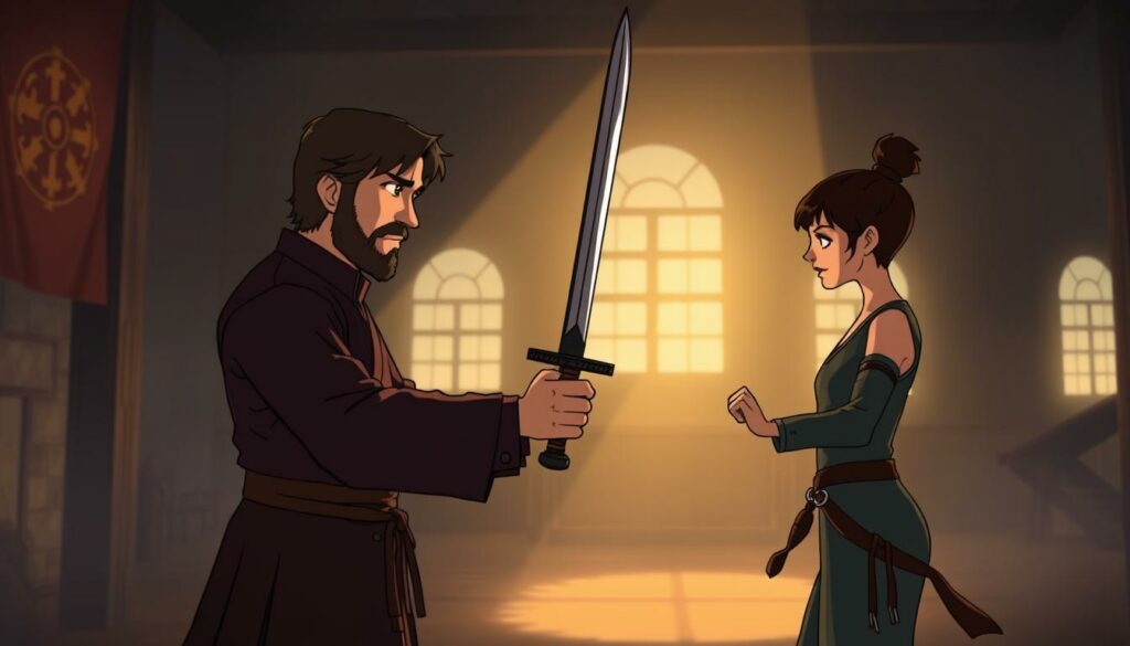 A dimly lit training hall, the filtered light casting a warm glow. In the foreground, Syrio Forel, the former First Sword of Braavos, stands poised with his wooden sword, his keen eyes focused intently on his young pupil, Arya Stark. Arya, her face alight with determination, mirrors his movements, her slim frame lithe and agile as she dances through the carefully choreographed forms. The background fades into a hazy, almost dreamlike quality, emphasizing the intensity of their training session. Hints of the Stark sigil and Braavosi architecture subtly accent the scene, grounding it in the rich tapestry of the Game of Thrones universe. The overall mood is one of focus, discipline, and the forging of a young warrior's spirit.