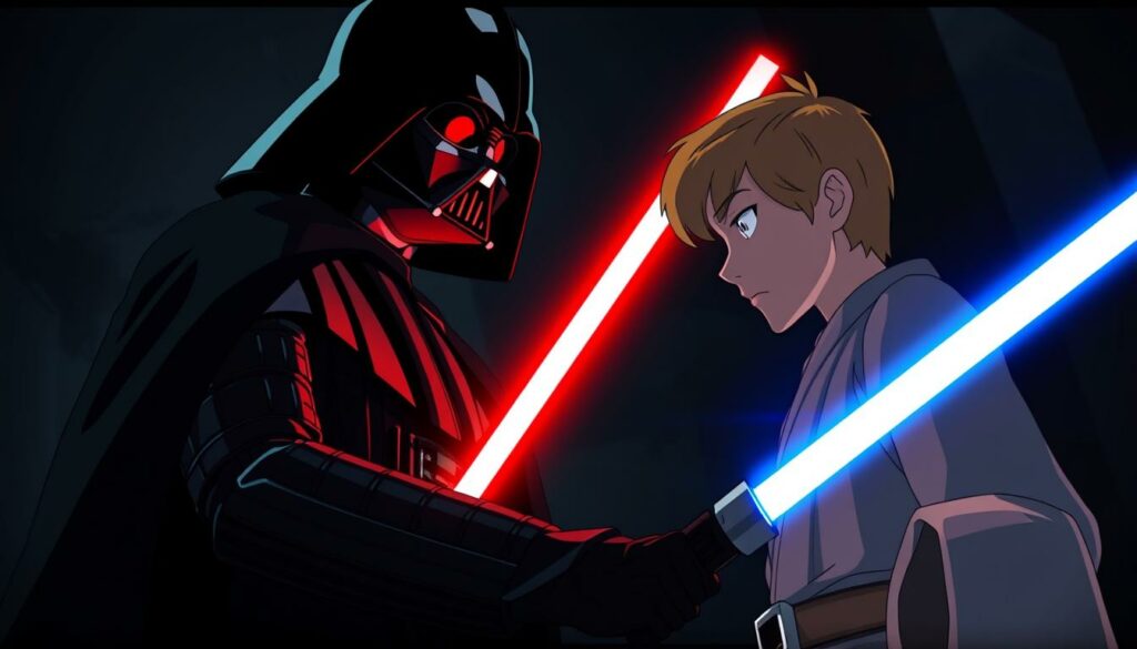 A dramatic confrontation between Darth Vader, the menacing Sith Lord in black armor, and Luke Skywalker, his son and Jedi in training, set against a moody, shadowy background. Vader looms over Luke, his imposing presence and crimson lightsaber casting an ominous glow. Luke, with determined eyes, ignites his blue blade, ready to face his father's power. Dramatic low-angle cinematography emphasizes the tension and the weight of their complex relationship. Chiaroscuro lighting creates deep, contrasting shadows, heightening the sense of an epic, charged moment between the two central figures of the Star Wars saga.
