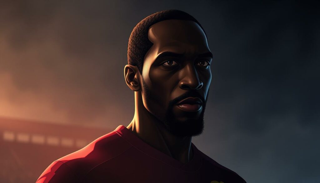 A dramatic portrait of Didier Drogba, the legendary Ivorian footballer, showcasing his evolutionary journey in the upcoming EA FC 25 game. Set against a moody, atmospheric backdrop, the image captures Drogba's iconic silhouette in a powerful stance, his features illuminated by a dramatic chiaroscuro lighting. In the foreground, Drogba's expression conveys a sense of determination and focus, hinting at the player's development and transformation over the years. The middle ground features a subtle, ghostly overlay of Drogba's past iterations, creating a visual timeline of his evolution as a player. The background is a rich, textured landscape, suggesting the complex narrative and challenges that have shaped Drogba's remarkable career. The overall composition and mood evoke a sense of grandeur and reverence, befitting the stature of this legendary footballer.