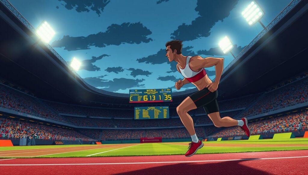 A dramatic sports stadium at dusk, floodlights illuminating the track and field. In the foreground, a world-class sprinter in full stride, muscles flexed, the blur of motion captured in a frozen moment of peak performance. In the middle ground, the judges' podium and scoreboard, displaying world records and championship titles. The background reveals a packed stadium, the crowd erupting in cheers, the energy and excitement palpable. The lighting is dramatic, with long shadows and highlights accentuating the athlete's power and determination. The composition draws the viewer's eye to the center of the action, creating a sense of immersion and anticipation.