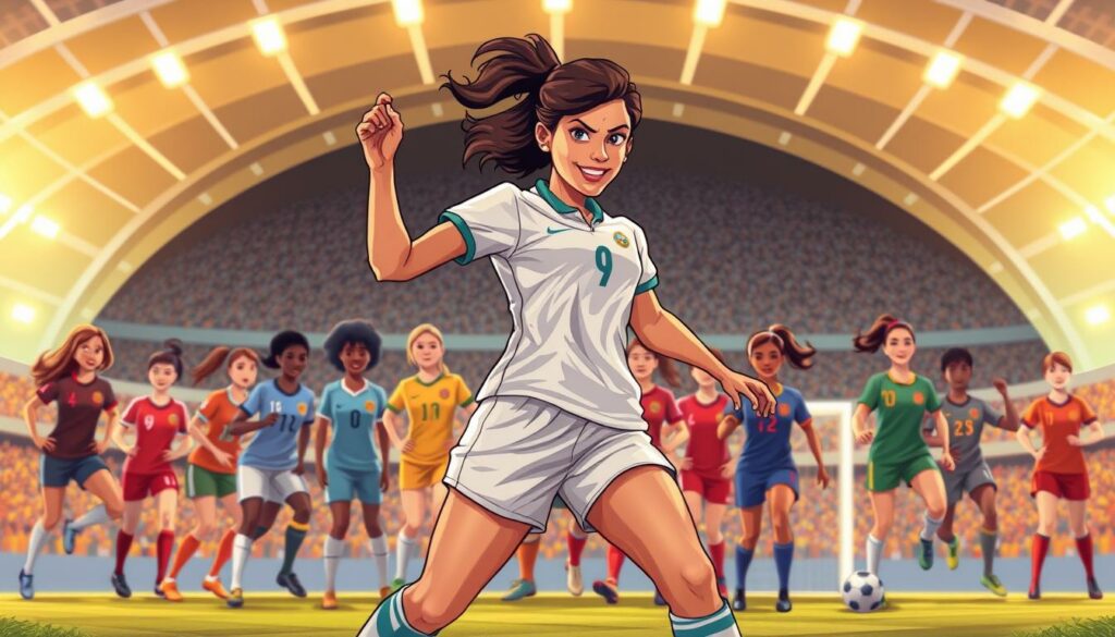 A dynamic and expressive soccer player, Marta Vieira da Silva, stands in the foreground, her graceful movements and ball control on full display. The middle ground features a diverse group of female soccer players, showcasing the influence Marta has had on the women's game, inspiring a new generation of skilled and determined athletes. In the background, a vibrant stadium backdrop sets the scene, the energy and excitement of the sport palpable. Soft, warm lighting illuminates the players, highlighting their athleticism and passion. The overall composition conveys the power, artistry, and transformative impact Marta has had on the world of women's soccer.