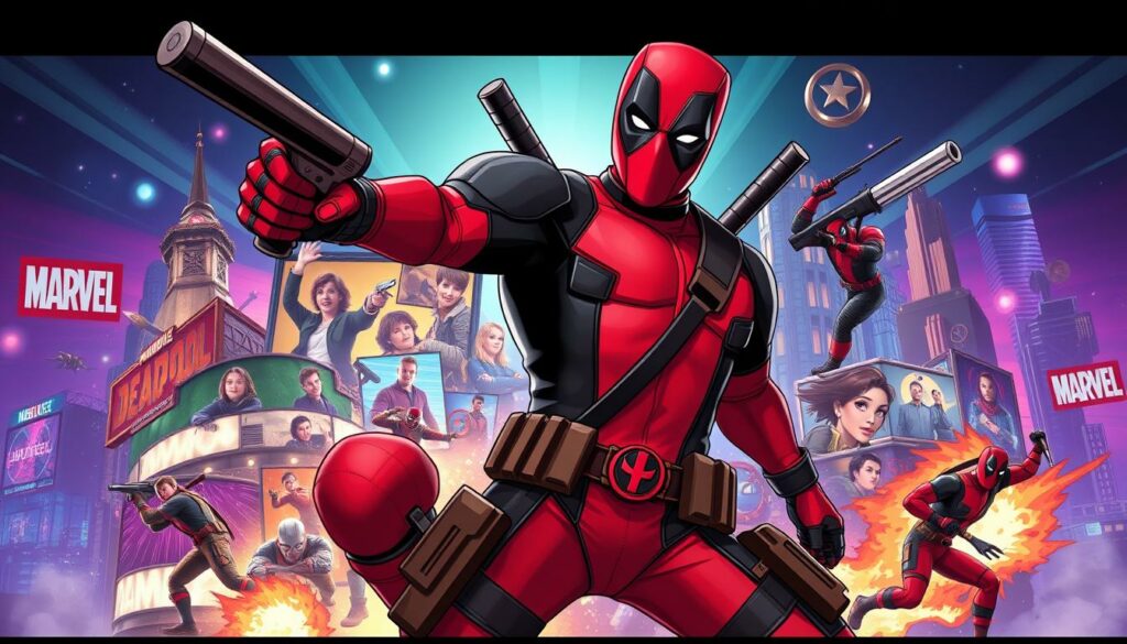 A dynamic and vibrant tableau depicting the iconic "Deadpool" antihero in the midst of his most renowned film appearances. In the foreground, a larger-than-life Deadpool figure strikes a dynamic, action-packed pose, clad in his signature red and black costume and wielding his signature weapons. The middle ground features a collage of memorable moments from the Deadpool films, capturing the character's irreverent humor, fourth-wall-breaking antics, and high-octane action sequences. The background is a stylized, visually striking interpretation of the Marvel cinematic universe, with vibrant colors, dynamic lighting, and a sense of energy and motion. The overall composition conveys the spirit of the Deadpool franchise - irreverent, bold, and unapologetically entertaining.