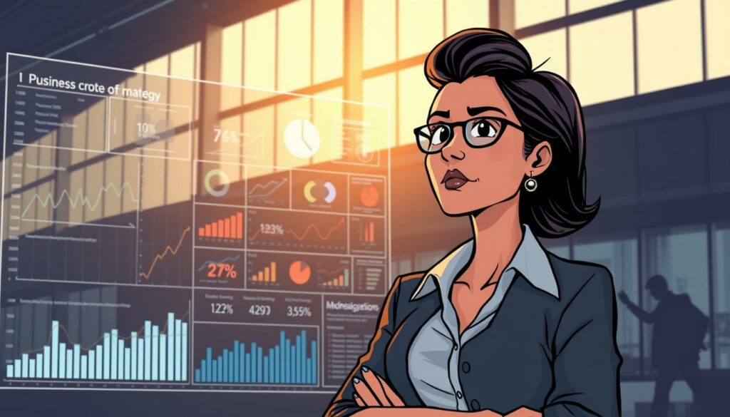 A dynamic business strategy setting with an entrepreneurial woman as the focal point. In the foreground, she stands confidently, her expression pensive as she navigates the complexities of risk and opportunity. The middle ground features a visualization of financial data, charts, and projections, representing the analytical side of her decision-making process. In the background, a sleek, modern office environment with floor-to-ceiling windows, conveying a sense of professionalism and innovation. Dramatic lighting casts dramatic shadows, adding depth and a sense of gravity to the scene. The overall mood is one of thoughtful determination, as the entrepreneur contemplates the strategic paths before her.