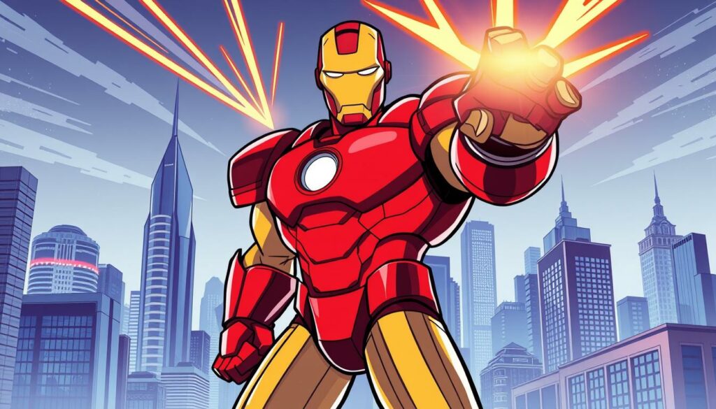 A dynamic, colorful illustration depicting Iron Man in a classic 1990s animated style. In the foreground, the iconic red-and-gold armored superhero stands tall, his repulsor beams firing with stylized energy effects. The middle ground showcases an urban cityscape, with sleek skyscrapers and futuristic technology in the background. The lighting is bold and dramatic, with strategic use of shadows and highlights to accentuate the heroic pose. The overall mood is one of action, adventure, and the enduring appeal of this beloved character. The style should evoke the nostalgia and charm of vintage cartoon adaptations of the Iron Man mythos.