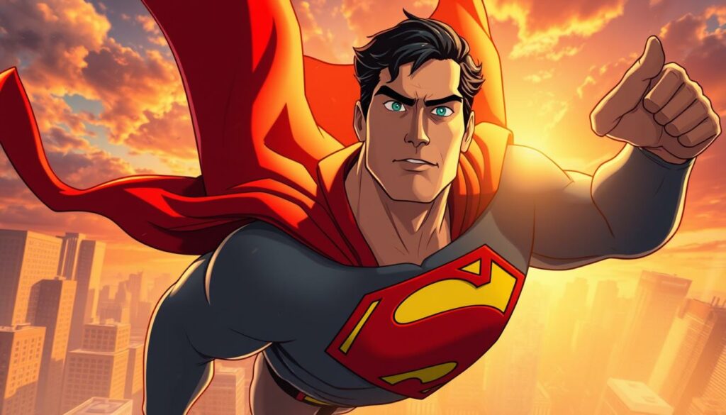 A dynamic, comic-inspired scene of Superman soaring through the sky, his iconic red cape billowing behind him. In the foreground, a close-up of his chiseled, determined features, capturing the heroic essence of the character. The middle ground showcases his muscular physique, the familiar 'S' emblem emblazoned on his chest. In the background, a cityscape of towering skyscrapers and a vibrant, colorful sky, bathed in a warm, golden light that casts a dramatic, cinematic feel. The overall composition conveys the power, strength, and unwavering spirit of the legendary superhero, as he takes flight to protect the world.