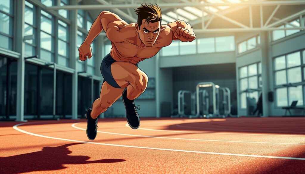 A dynamic sprinter dashing across a sun-dappled track, muscles rippling with power. In the foreground, a glimpse of their powerful legs propelling them forward, feet barely touching the ground. The middle ground captures their intense focus, brow furrowed in determination. The background reveals a training facility, with sleek equipment and a sense of athletic excellence. Dramatic lighting casts dramatic shadows, heightening the sense of motion and energy. Captured with a wide-angle lens to convey the full scope of the athlete's prowess, this image embodies the training secrets of a world-class sprinter.