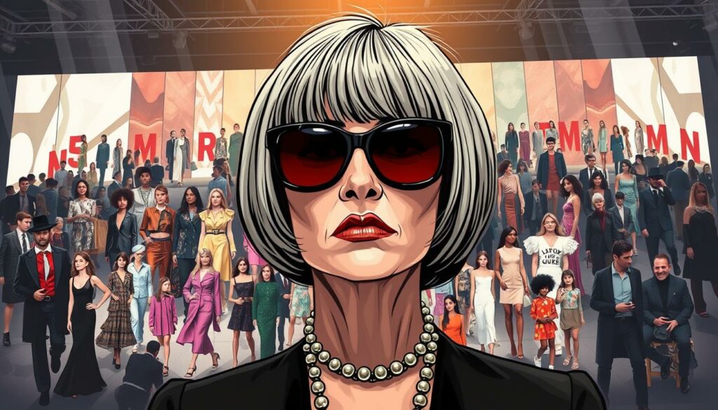 A fashion-forward editorial spread showcasing the influential power of Anna Wintour's style. In the foreground, a towering image of Wintour, her signature bob and sunglasses commanding attention. The middle ground features a dynamic collage of runway models, editorial spreads, and fashion icons - all subtly mirroring Wintour's iconic look. The background is a vibrant kaleidoscope of runway shows, fashion weeks, and industry events, creating a sense of the far-reaching impact of Wintour's sartorial choices. Dramatic lighting casts dramatic shadows, heightening the gravity of Wintour's position at the epicenter of the fashion universe. A moody, high-contrast aesthetic conveys the weight and significance of Wintour's influence on the industry.