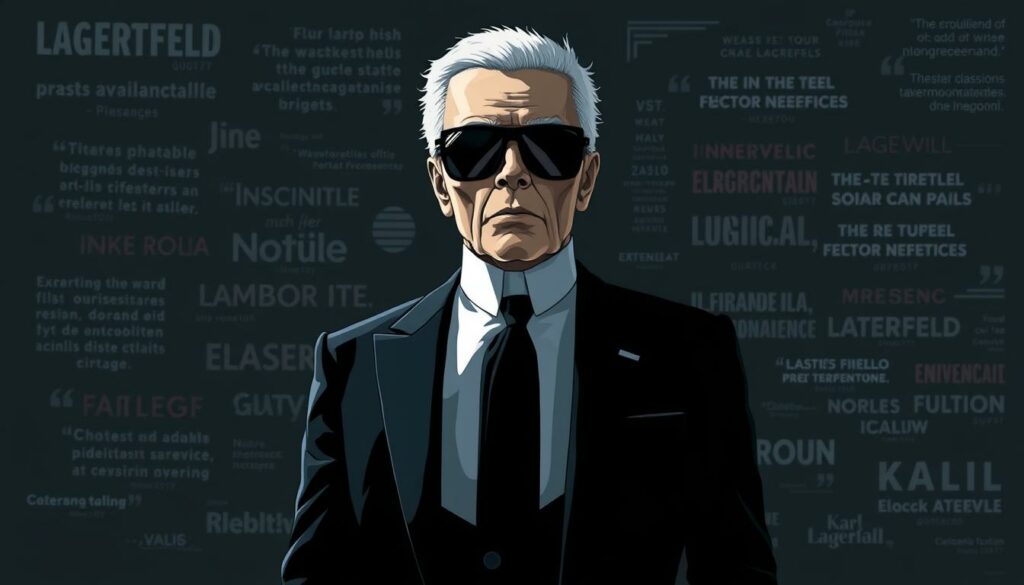A figure stands in the center, transformed into the likeness of Karl Lagerfeld. The distinctive black suit, crisp white collared shirt, and signature black sunglasses are rendered in precise detail. A dramatic chiaroscuro lighting illuminates the scene, casting dramatic shadows that accentuate the sharp angles of the face and the imposing presence of the figure. In the background, a collage of iconic Lagerfeld quotes and pop culture references swirl and fade, hinting at the enduring impact of this fashion legend on the zeitgeist. The overall mood is one of reverence, power, and a touch of the avant-garde, befitting the man who left an indelible mark on the world of style.