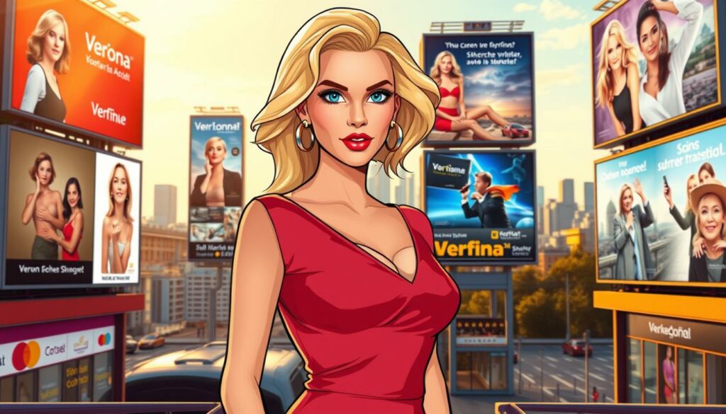 A glamorous and iconic German media personality, Verona Pooth, stands tall against a backdrop of vibrant, eye-catching billboards showcasing her most memorable advertising campaigns. Elegant and poised, she embodies the epitome of a polished, charismatic brand ambassador, her signature blonde hair and captivating gaze drawing the viewer's attention. The scene is bathed in warm, golden lighting, emphasizing the high-end, sophisticated nature of her work. The middle ground features a sleek, modern cityscape, hinting at the far-reaching impact of Verona's influential marketing presence. In the distance, a sense of grandeur and scale is conveyed through towering skyscrapers and a vibrant, dynamic urban landscape. This composition artfully captures Verona Pooth's remarkable reign as the "Queen of German Advertising Campaigns".